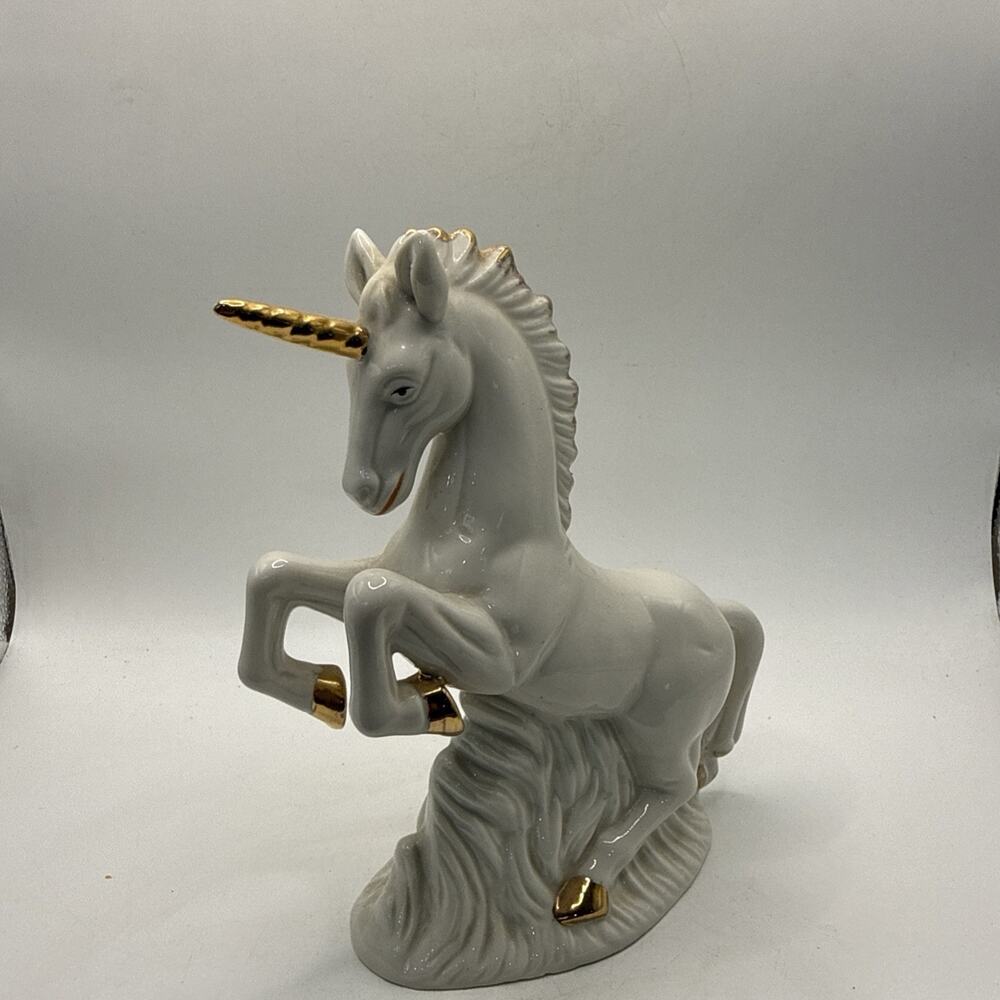 White Unicorn Figurine Gold Accents Vintage 7” Porcelain Front Legs Up *